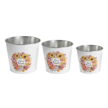 PLECHOVÝ KVETINÁČ, 3 KUSY, OKRÚHLY, VZOR JESENNÉ LISTY A TEKVICA