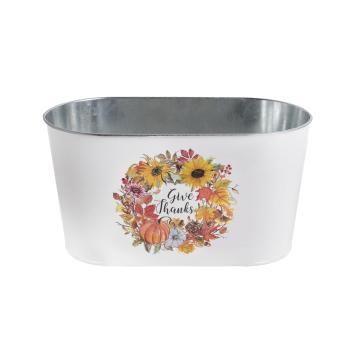 PLECHOVÝ KVETINÁČ, OVÁLNY, VZOR JESENNÝCH LISTOV A TEKVICE