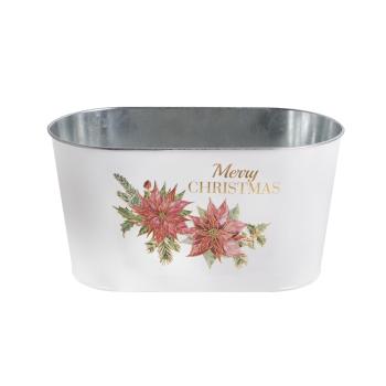 PLECHOVÝ KVETINÁČ, OVÁLNY TVAR, S KVETMI SANTA CLAUS