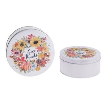 PLECHOVÁ KRABIČKA, 2 KUSY, OKRÚHLA, VZOR JESENNÝ LIST A TEKVICA