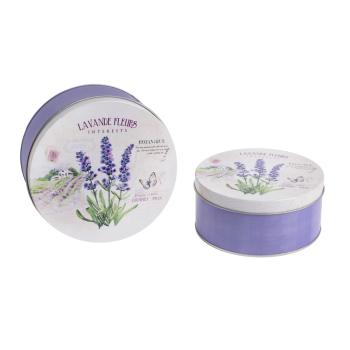 PLECHOVÁ KRABIČKA, 2 KUSY, OKRÚHLA, LEVANDUĽOVÁ