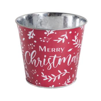 PLECHOVÝ KVETINÁČ, OKRÚHLY, "MERRY CHRISTMAS" ČERVENÝ