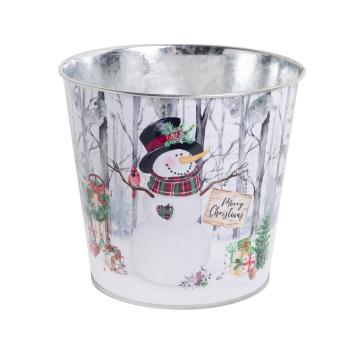 PLECHOVÝ KVETINÁČ, OKRÚHLY, SO SNEHULIAKOM