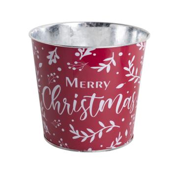 PLECHOVÝ KVETINÁČ, OKRÚHLY, "MERRY CHRISTMAS" ČERVENÝ