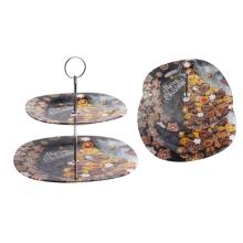 SKLENENÝ PODNOS NA TORTU, 2 KUSY, VZOR PERNÍKOV, HNEDÝ