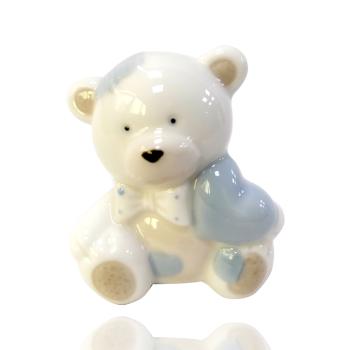 KERAMICKÝ MEDVEĎ SO SRDCOM A MOTÝLIKOM, SEDIACI, MODRÝ