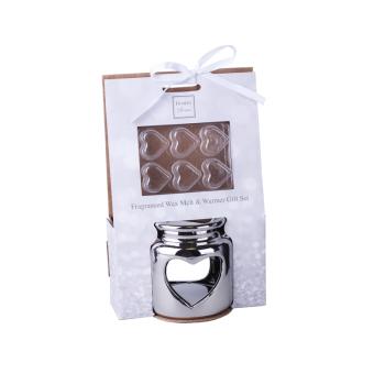 KERAMICKÝ OLEJ NA UMÝVANIE SO 6 VONNÝMI VOSKAMI V DARČEKOVEJ KRABIČKE, AŽUROVÝ VZOR SRDCA, STRIEBORNÁ