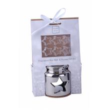 KERAMICKÝ OLEJ NA UMÝVANIE SO 6 VONNÝMI VOSKAMI V DARČEKOVEJ KRABIČKE, AŽUROVÝ HVIEZDICOVÝ VZOR, STRIEBORNÁ FARBA