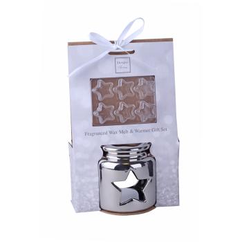 KERAMICKÝ OLEJ NA UMÝVANIE SO 6 VONNÝMI VOSKAMI V DARČEKOVEJ KRABIČKE, AŽUROVÝ HVIEZDICOVÝ VZOR, STRIEBORNÁ FARBA