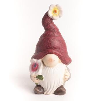 POLYRESINOVÝ TRPASLÍK V ČERVENOM KLOBÚČIKU S KVETOM ALEBO RÝĽOM