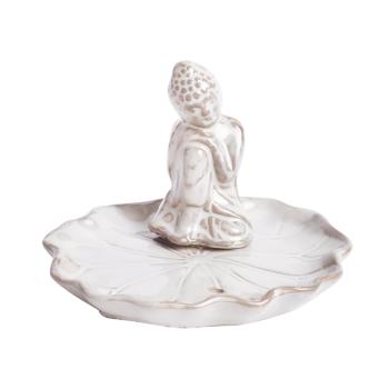 KERAMICKÝ KADIDELNÍK, OKRÚHLY, S BUDHOM, BIELY
