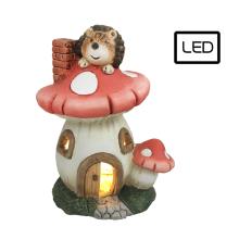 KERAMICKÝ OSVETLENÝ DOMČEK NA GOMBÍKY S LED DIÓDOU, S JEŽKOM, ČERVENÝ