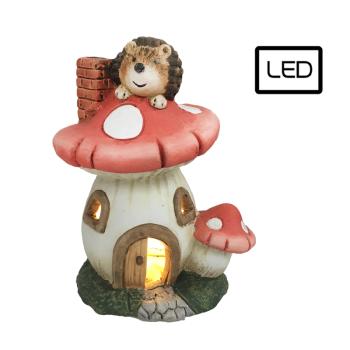 KERAMICKÝ OSVETLENÝ DOMČEK NA GOMBÍKY S LED DIÓDOU, S JEŽKOM, ČERVENÝ