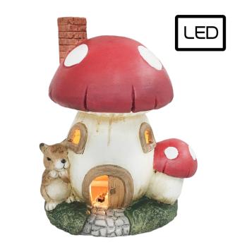 KERAMICKÝ OSVETLENÝ DOMČEK NA GOMBÍKY, LED, POLKA DOTS, ČERVENÝ