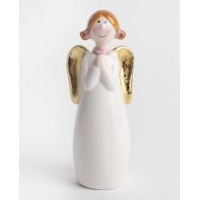 KERAMICKÝ ANJEL, MODLIACI SA, SO ZLATÝMI KRÍDLAMI, BIELY