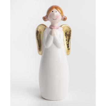 KERAMICKÝ ANJEL, MODLIACI SA, SO ZLATÝMI KRÍDLAMI, BIELY