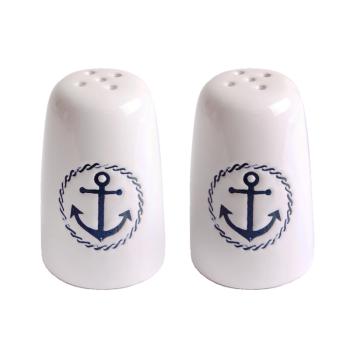 KERAMICKÁ SADA SOĽNIČKY A KORENIČKY, 2 KUSY, VZOR MODRÁ KOTVA, BIELA