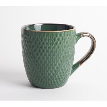 KERAMICKÝ HRNČEK S 3D SIEŤOVÝM VZOROM, KOVOVO LESKLÉ VIEČKO, TMAVOZELENÝ