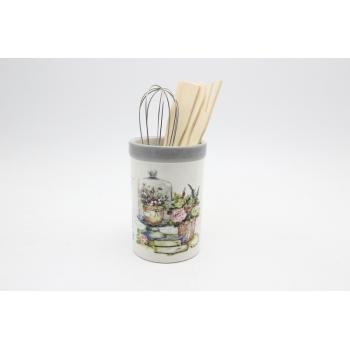 KERAMICKÝ DRŽIAK SO ŠĽAHAČOM, 2 DREVENÉ LYŽIČKY, LEVANDUĽOVÝ VZOR