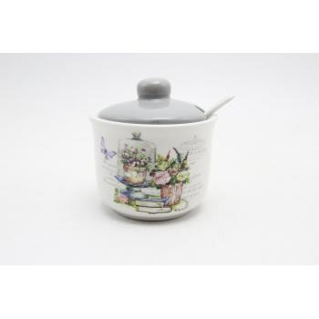 KERAMICKÁ CUKORNIČKA S LYŽIČKOU, VZOR LEVANDUĽA