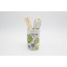 KERAMICKÝ DRŽIAK SO ŠĽAHAČOM, 2 DREVENÉ LYŽICE, VZOR ARTIČOK