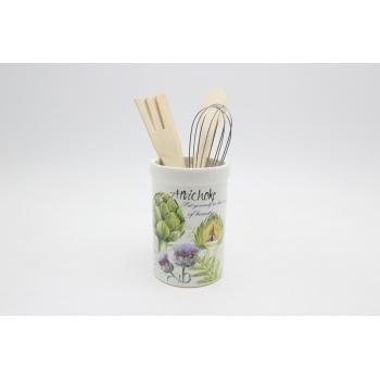 KERAMICKÝ DRŽIAK SO ŠĽAHAČOM, 2 DREVENÉ LYŽICE, VZOR ARTIČOK
