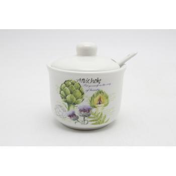 KERAMICKÁ CUKORNIČKA S LYŽIČKOU, VZOR ARTIČOK