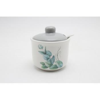 KERAMICKÁ CUKORNIČKA S LYŽIČKOU, VZOR EUKALYPTUS