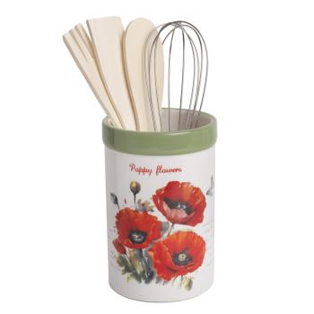 KERAMICKÝ DRŽIAK SO ŠĽAHAČOM, 2 DREVENÉ LYŽICE, VZOR ČERVENÝ MAK