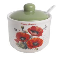 KERAMICKÁ CUKORNIČKA S LYŽIČKOU, VZOR ČERVENÝ MAK