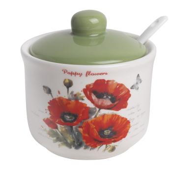 KERAMICKÁ CUKORNIČKA S LYŽIČKOU, VZOR ČERVENÝ MAK