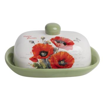 KERAMICKÁ MISKA NA MASLO, VZOR ČERVENÝ MAK