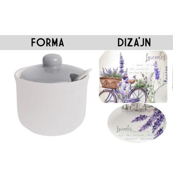 KERAMICKÁ CUKORNIČKA S LYŽIČKOU, VZOR LEVANDULE A BICYKLOV
