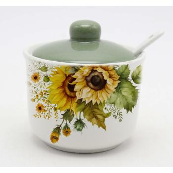 KERAMICKÁ CUKORNIČKA S LYŽIČKOU, VZOR SLNEČNICE