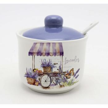 KERAMICKÁ CUKORNIČKA S LYŽIČKOU, VZOR LEVANDUĽA