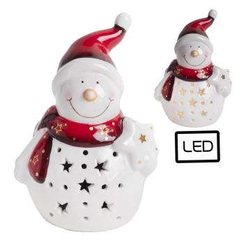 PORCELÁNOVÝ SNEHULIAK S LED A HVIEZDOU, ČERVENÝ BIELY