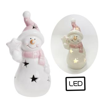 PORCELÁNOVÝ SNEHULIAK S LED DIÓDOU A HVIEZDOU, BIELO-RUŽOVÝ