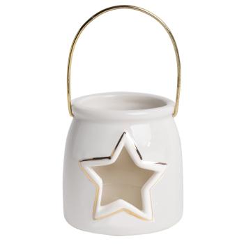 PORCELÁNOVÝ SVIETNIK S KOVOVÝM UCHOM, HVIEZDA, BIELE ZLATO