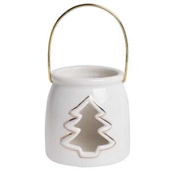 PORCELÁNOVÝ SVIETNIK S KOVOVÝM UCHOM, BOROVICOVÉ DREVO, BIELE ZLATO