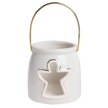PORCELÁNOVÝ SVIETNIK S KOVOVÝM UCHOM, ANJEL, BIELE ZLATO