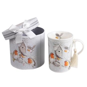 KERAMICKÝ HRNČEK SO VZOROM VTÁKOV V DARČEKOVEJ KRABIČKE