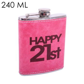 PLOCHÉ SKLO Z NEREZOVEJ OCELE, NÁPIS "HAPPY 21TH - BOLDOG 21.-ET", RUŽOVÁ KOŽENKA