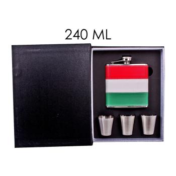 SADA Z PLOCHÉHO SKLA Z NEHRDZAVEJÚCEJ OCELE V DARČEKOVEJ ŠKATUĽKE S 3 MALÝMI POHÁRMI, 4 KUSY, "HUNGARY" ČERVENO-BIELO-ZELENÁ KOŽENKA