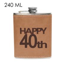 PLOCHÉ SKLO, NEREZOVÁ OCEĽ, NÁPIS "HAPPY 40TH - BOLDOG 40.-ET", HNEDÁ KOŽENKA