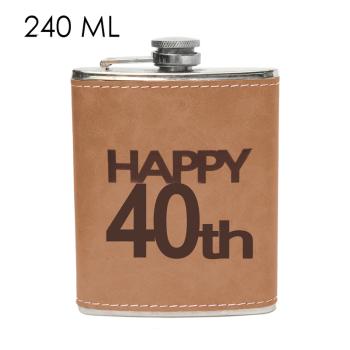 PLOCHÉ SKLO, NEREZOVÁ OCEĽ, NÁPIS "HAPPY 40TH - BOLDOG 40.-ET", HNEDÁ KOŽENKA