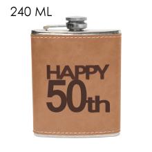 PLOCHÉ SKLO, NEREZOVÁ OCEĽ, NÁPIS "HAPPY 50TH - BOLDOG 50.-ET", HNEDÁ KOŽENKA