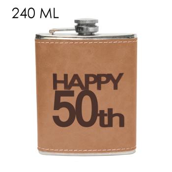 PLOCHÉ SKLO, NEREZOVÁ OCEĽ, NÁPIS "HAPPY 50TH - BOLDOG 50.-ET", HNEDÁ KOŽENKA