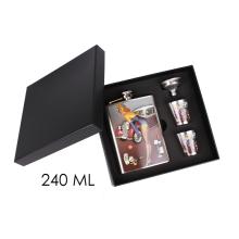 PLOCHÉ SKLO, NEREZOVÁ OCEĽ, SADA V DARČEKOVEJ ŠKATUĽKE S 2 MALÝMI POHÁRMI A LIEVIKOM, 4 KUSY, ŽENSKÝ VZOR