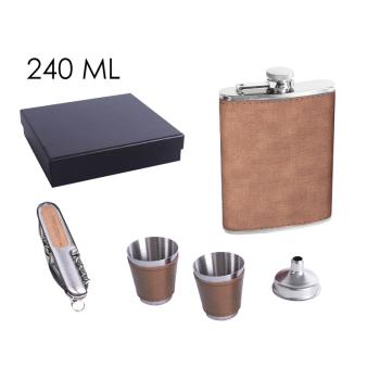 PLOCHÉ SKLO, NEREZOVÁ OCEĽ, SADA V DARČEKOVEJ ŠKATUĽKE S 2 MALÝMI POHÁRMI, LIEVIKOM A NOŽOM, 5 KUSOV, HNEDÁ KOŽENKA