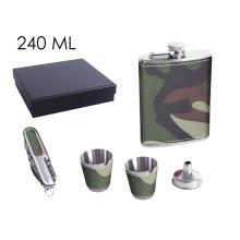 PLOCHÉ SKLO, NEREZOVÁ OCEĽ, SADA V DARČEKOVEJ ŠKATUĽKE S 2 MALÝMI POHÁRMI, LIEVIKOM A NOŽOM, 5 KUSOV, MASKÁČOVÁ KOŽENKA